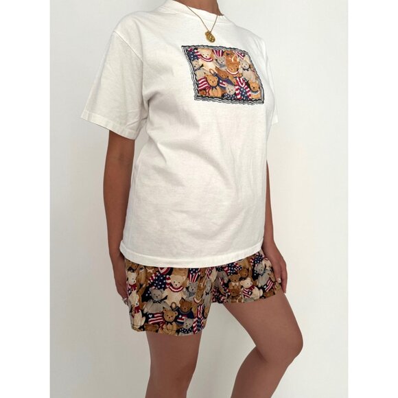 90s vintage teddy bear print USA patriotic tshirt mini shorts matching coord set - Picture 5 of 9
